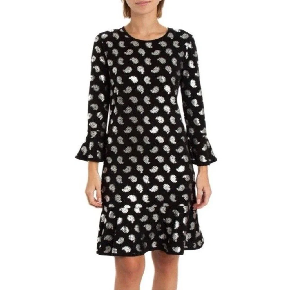 MICHAEL KORS Black/Silver Foil Paisley Flounce Shift Dress Bell Sleeves Size S